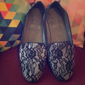 Gray and black lace flats
